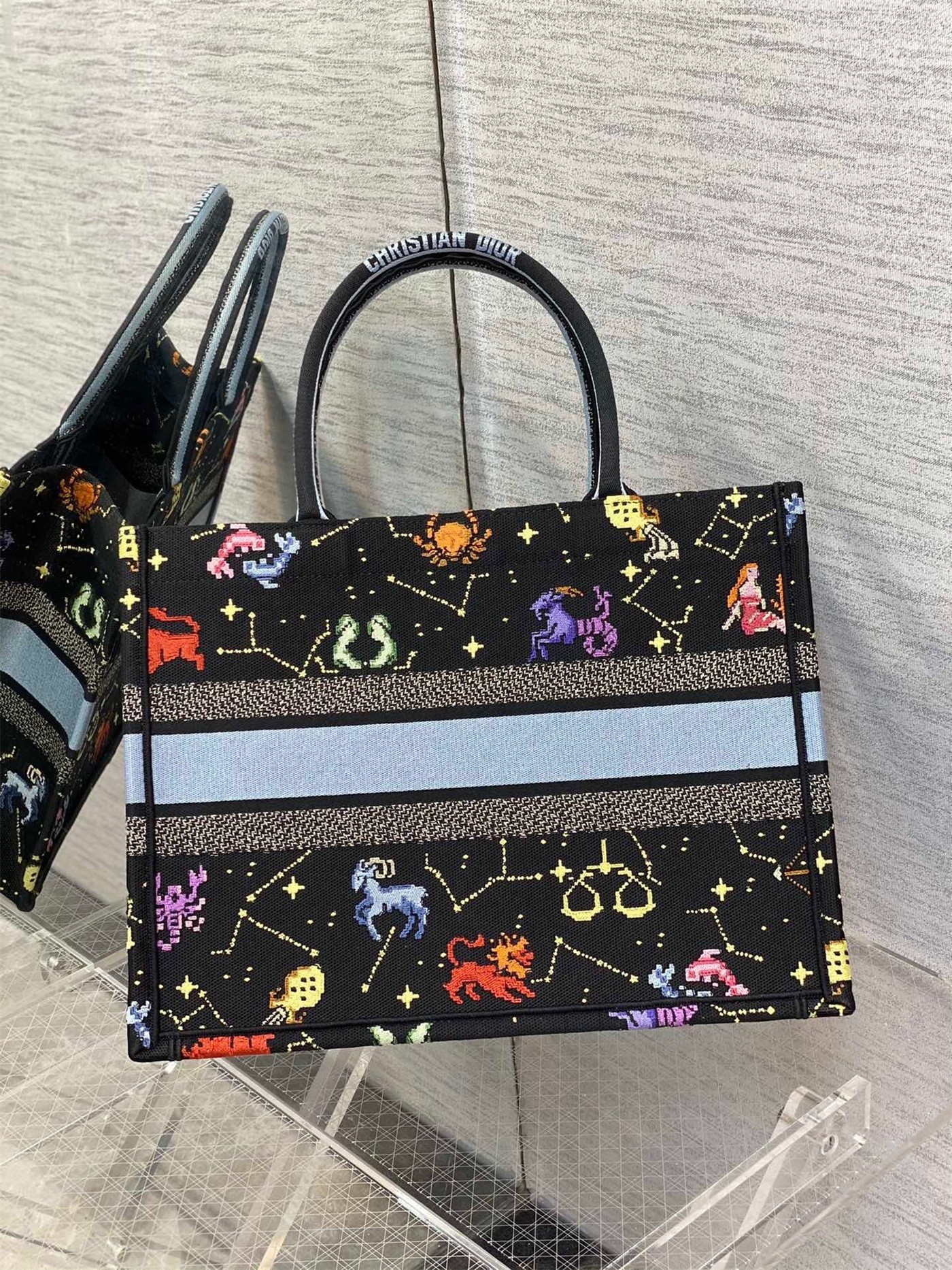 Dior Medium Book Tote Bag In Black Pixel Zodiac Embroidery 805