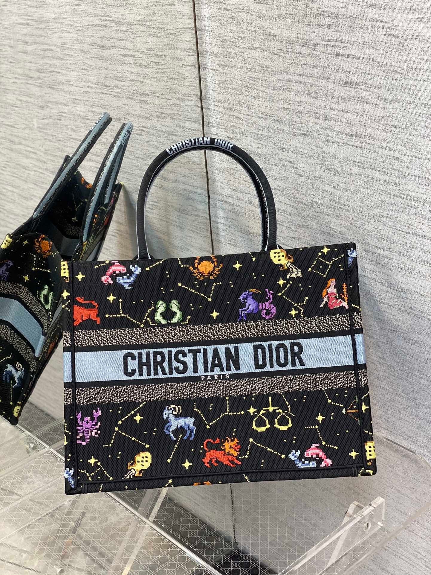 Dior Medium Book Tote Bag In Black Pixel Zodiac Embroidery 805