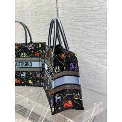 Dior Medium Book Tote Bag In Black Pixel Zodiac Embroidery 805