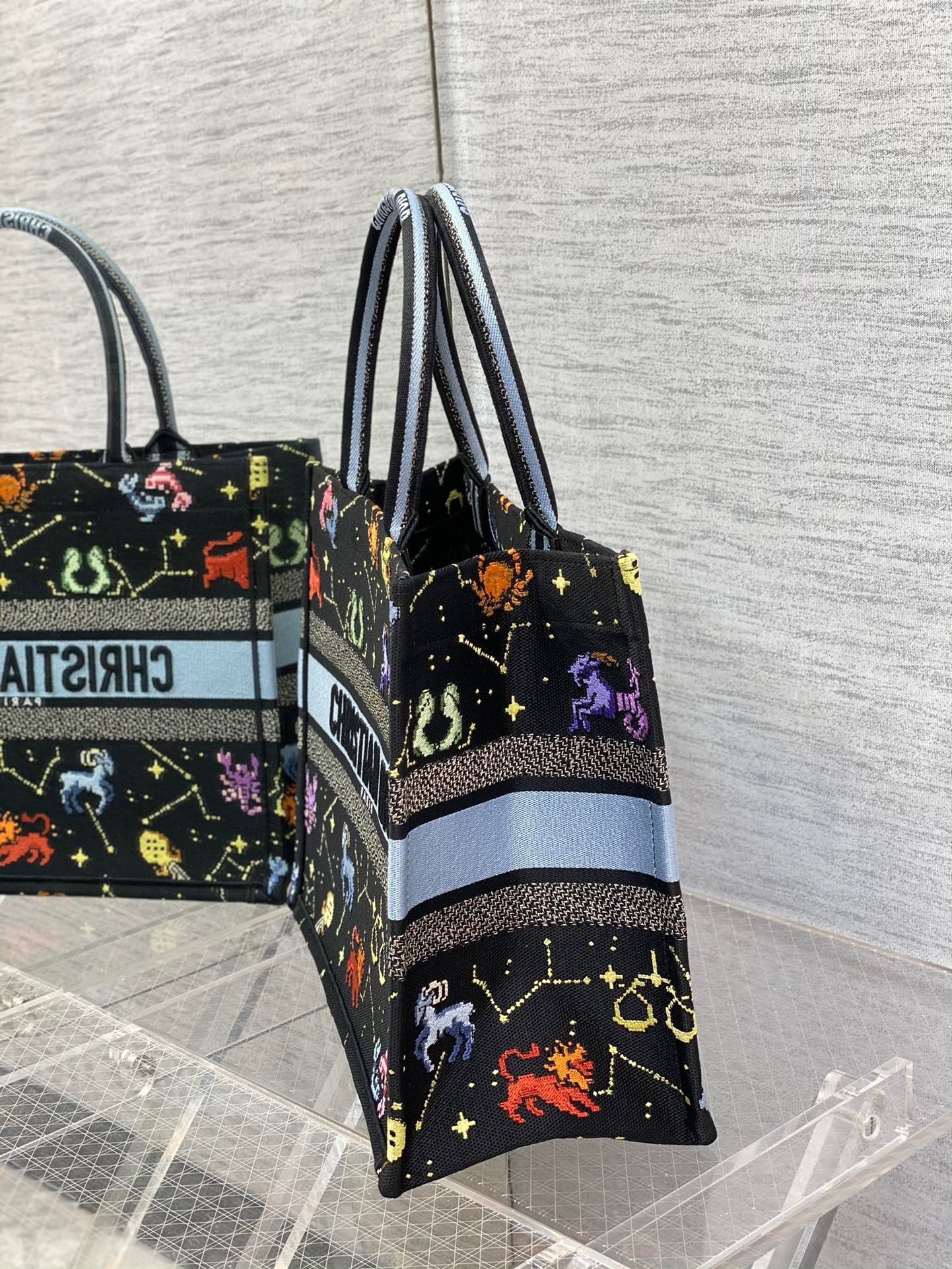 Dior Medium Book Tote Bag In Black Pixel Zodiac Embroidery 805