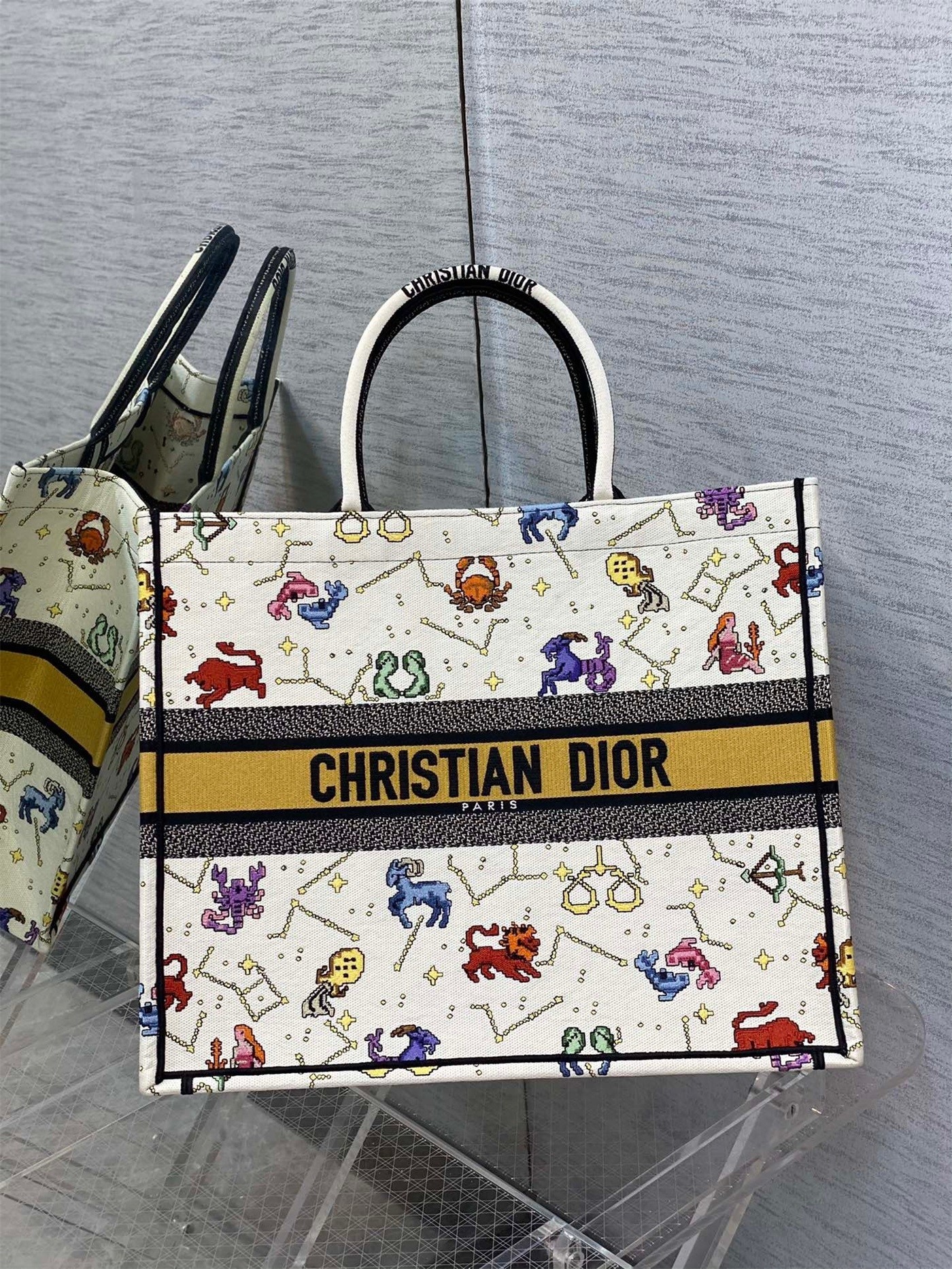 Dior Large Book Tote Bag In White Pixel Zodiac Embroidery 839