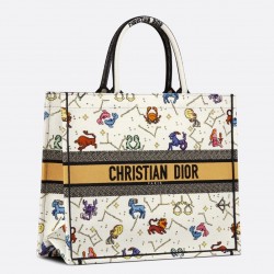 Dior Large Book Tote Bag In White Pixel Zodiac Embroidery 839