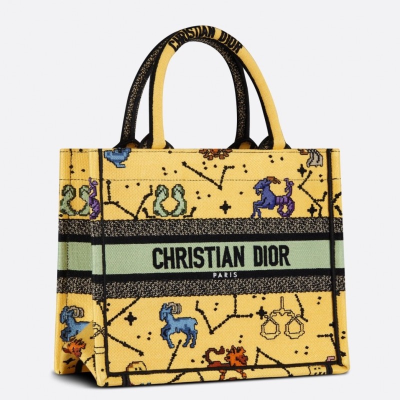 Dior Small Book Tote Bag In Yellow Multicolor Pixel Zodiac Embroidery 874