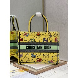 Dior Small Book Tote Bag In Yellow Multicolor Pixel Zodiac Embroidery 874