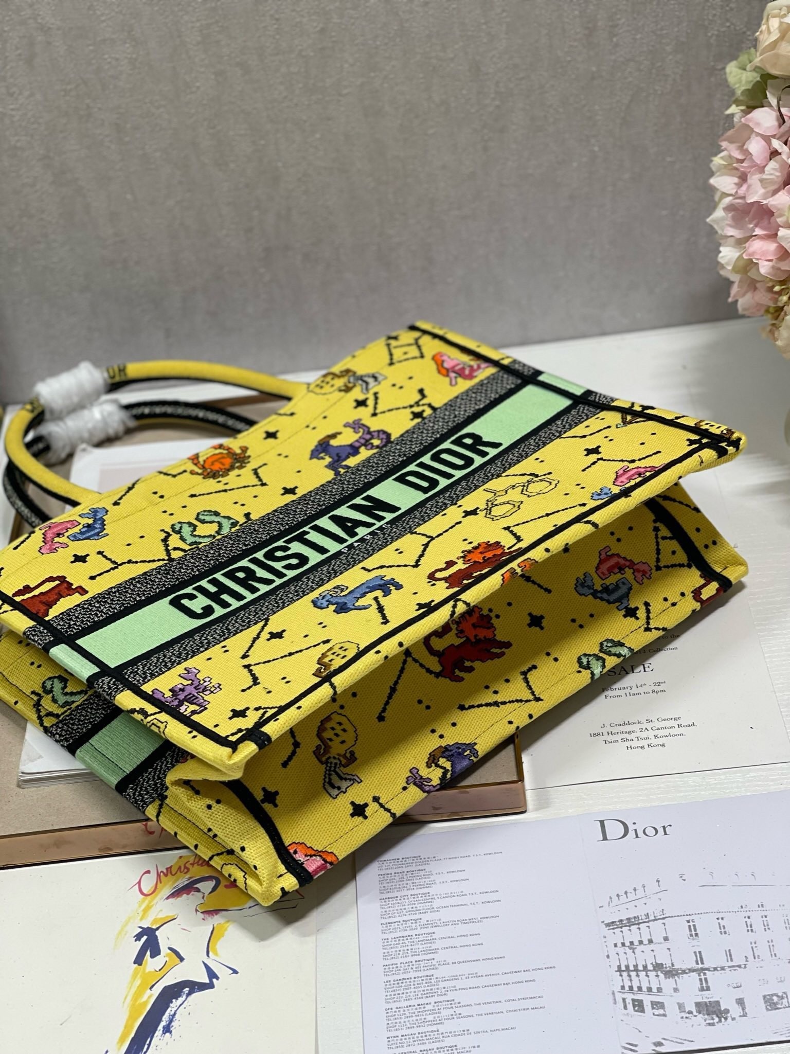 Dior Small Book Tote Bag In Yellow Multicolor Pixel Zodiac Embroidery 874