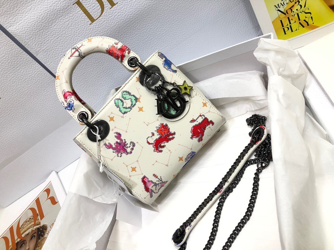 Dior Mini Lady Dior Bag In White Calfskin with Pixel Zodiac Print 969