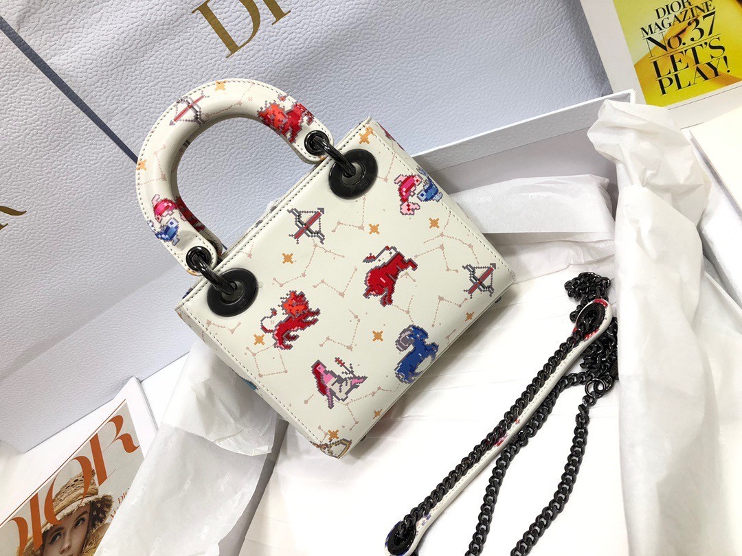 Dior Mini Lady Dior Bag In White Calfskin with Pixel Zodiac Print 969