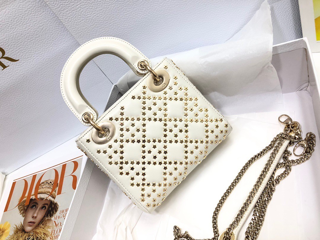 Dior Mini Lady Dior Bag In White Lambskin with Star Embroidery 800