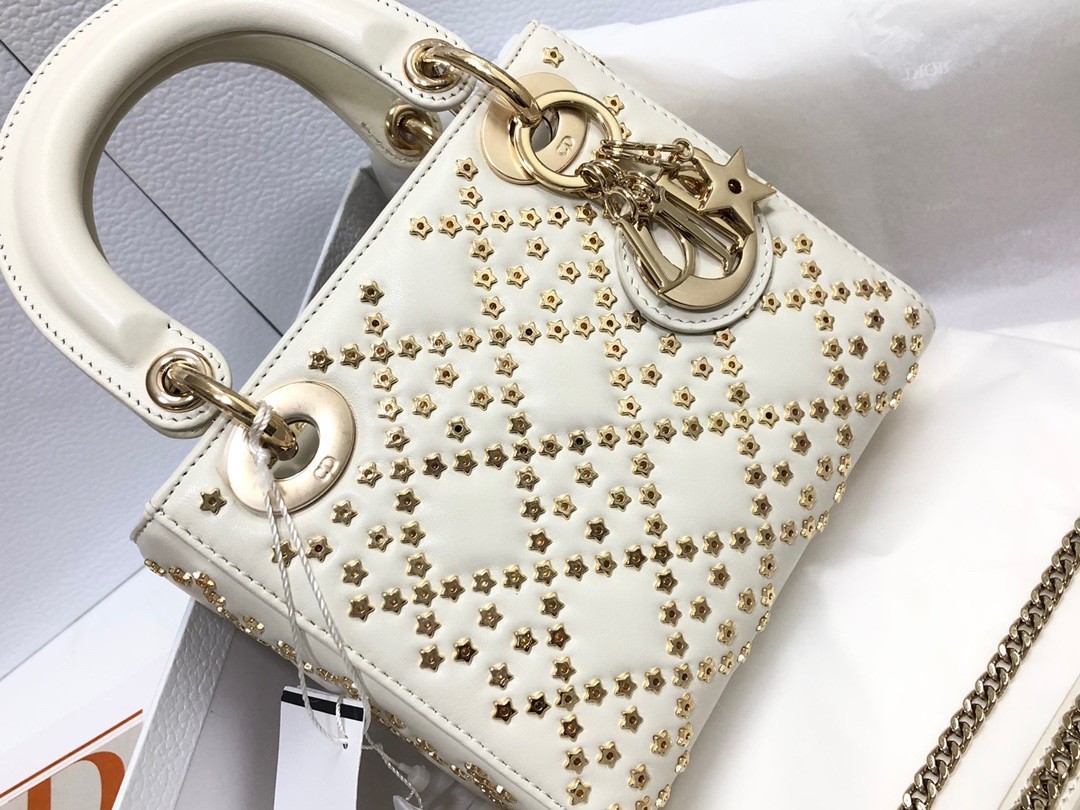 Dior Mini Lady Dior Bag In White Lambskin with Star Embroidery 800