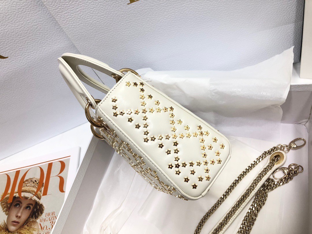 Dior Mini Lady Dior Bag In White Lambskin with Star Embroidery 800