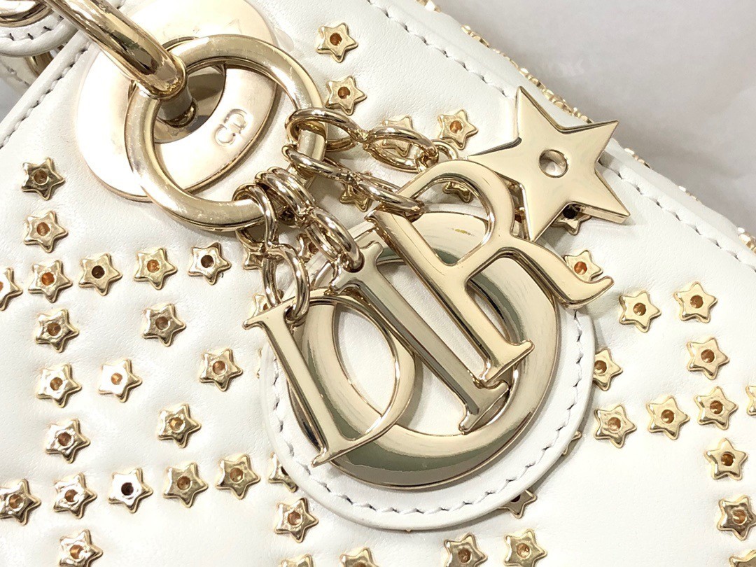 Dior Mini Lady Dior Bag In White Lambskin with Star Embroidery 800