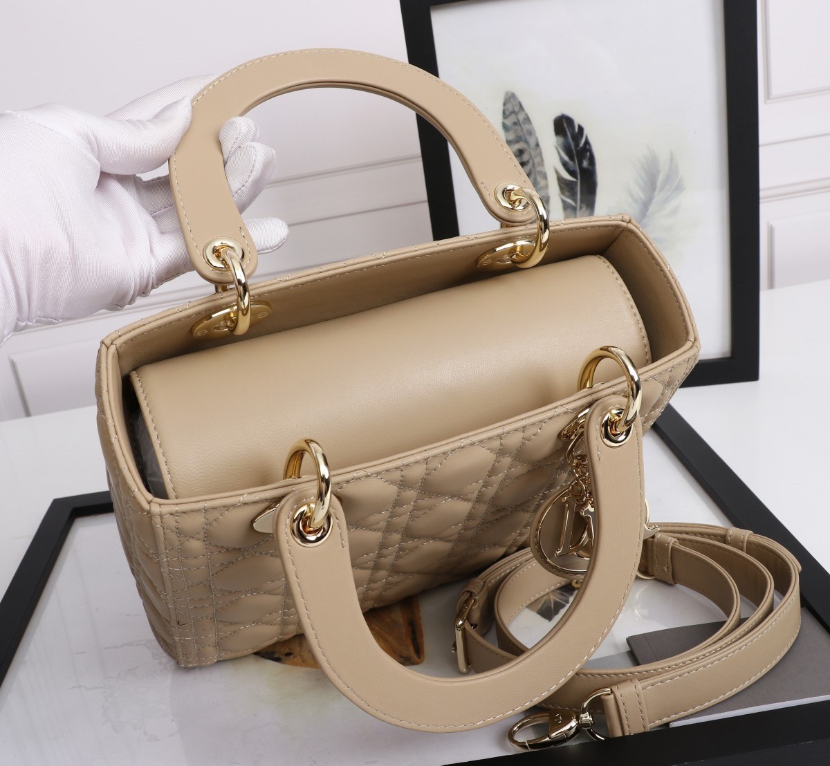 Dior Medium Lady Dior Bag with Enamel Charm In Beige Lambskin 838