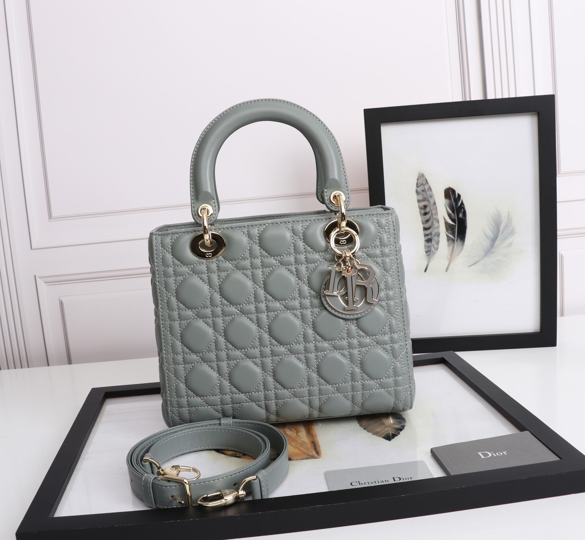 Dior Medium Lady Dior Bag with Enamel Charm In Grey Lambskin 874