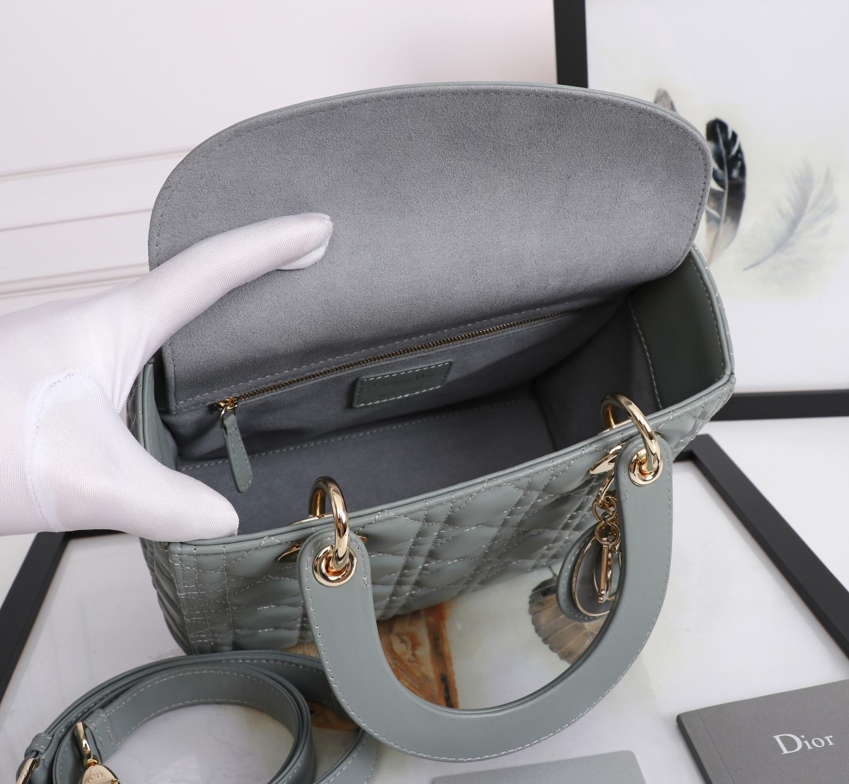 Dior Medium Lady Dior Bag with Enamel Charm In Grey Lambskin 874