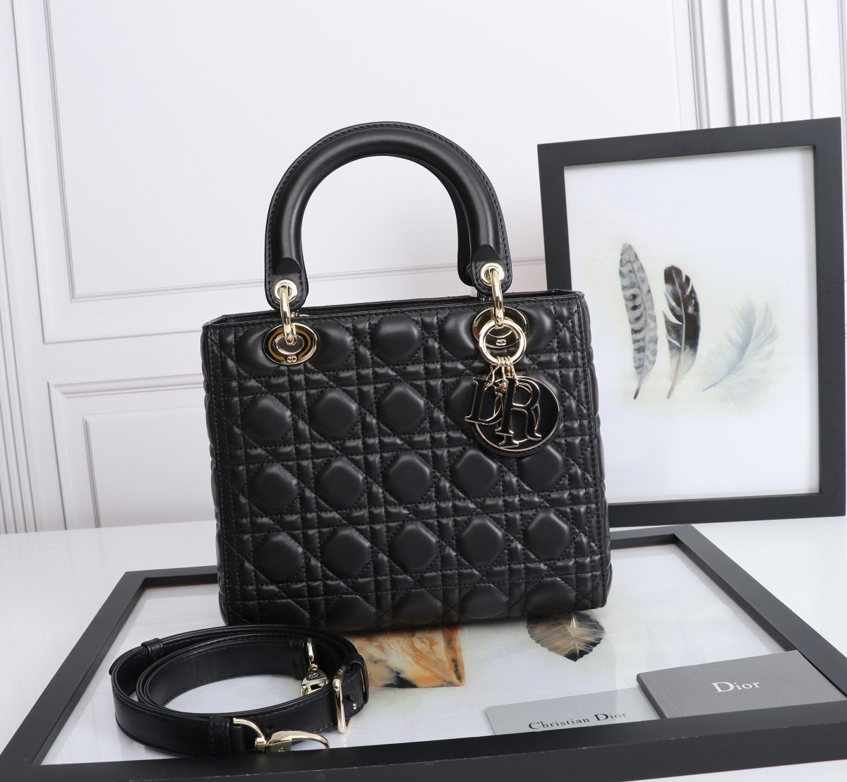 Dior Medium Lady Dior Bag with Enamel Charm In Black Lambskin 416