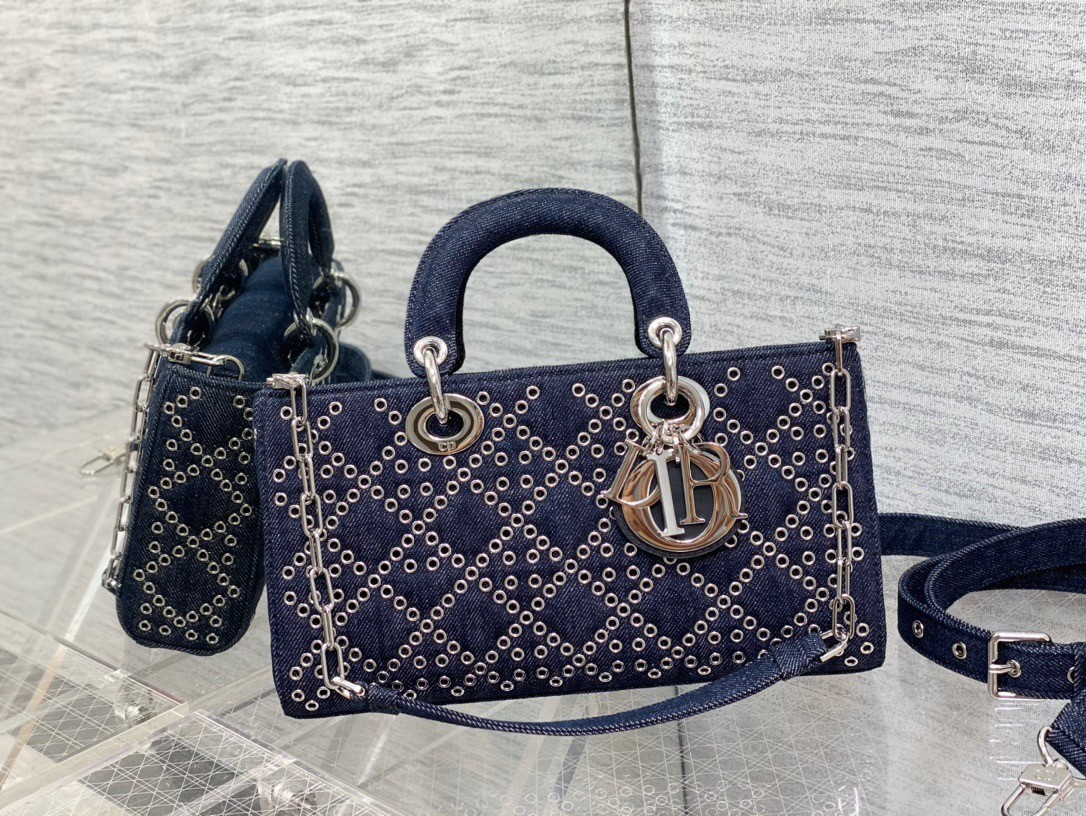 Dior Lady D-Joy Bag In Eyelet Blue Cannage Denim 443