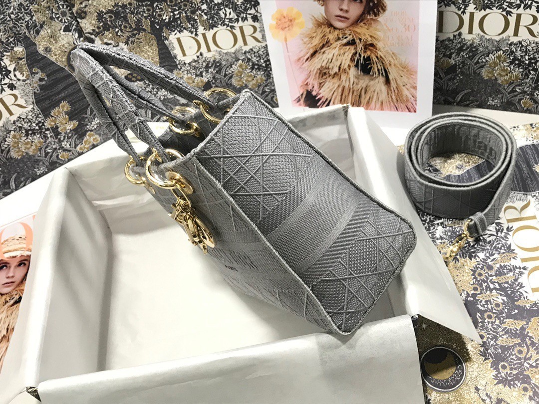 Dior Medium Lady D-Lite Bag In Gray Cannage Embroidery 476