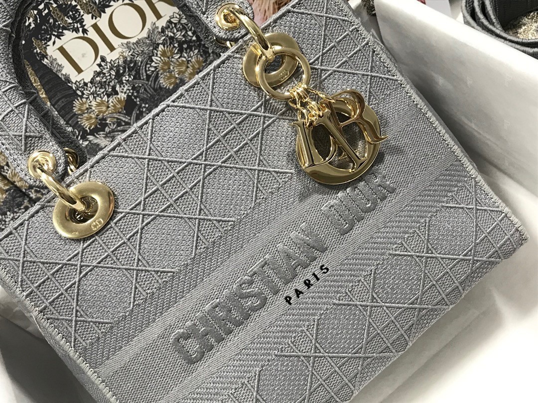 Dior Medium Lady D-Lite Bag In Gray Cannage Embroidery 476