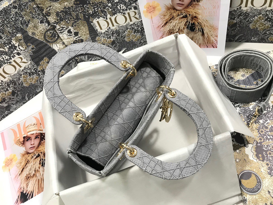 Dior Medium Lady D-Lite Bag In Gray Cannage Embroidery 476