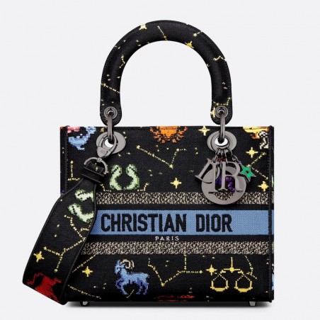 Dior Medium Lady D-Lite Bag In Black Pixel Zodiac Embroidery 513