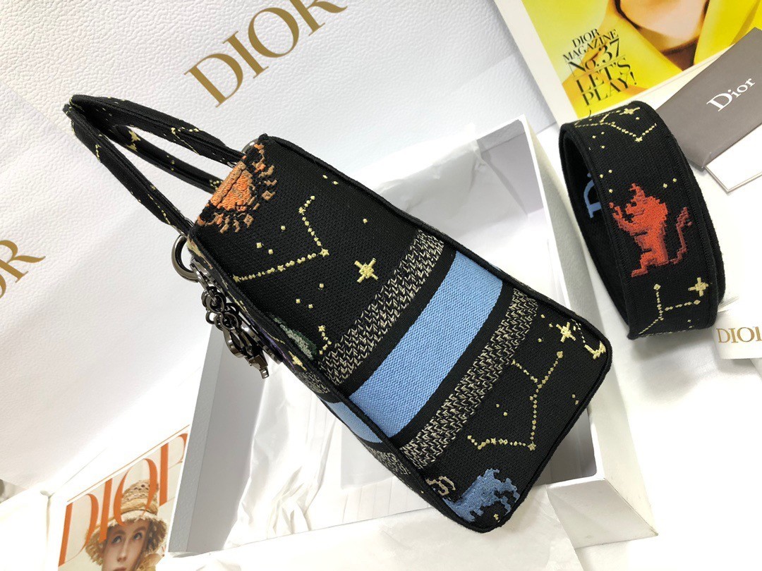 Dior Medium Lady D-Lite Bag In Black Pixel Zodiac Embroidery 513