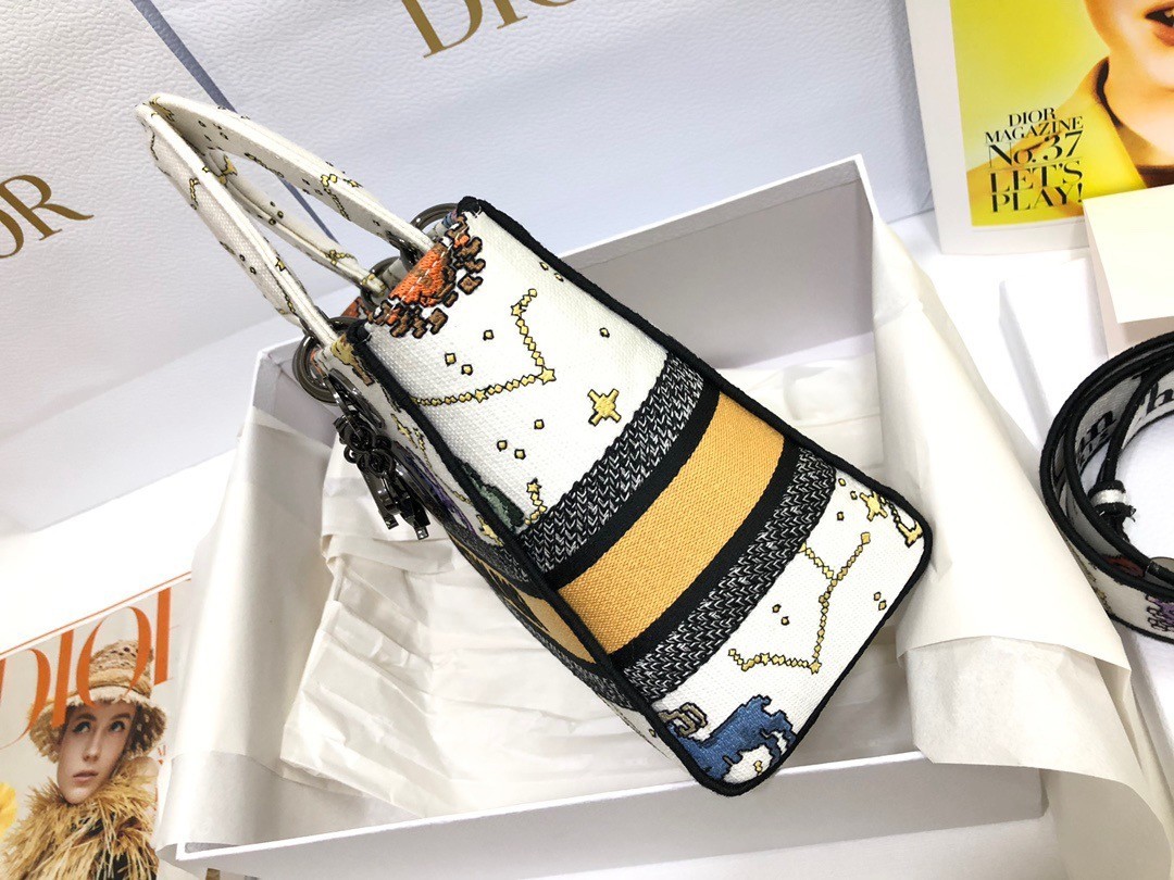 Dior Medium Lady D-Lite Bag In White Pixel Zodiac Embroidery 545