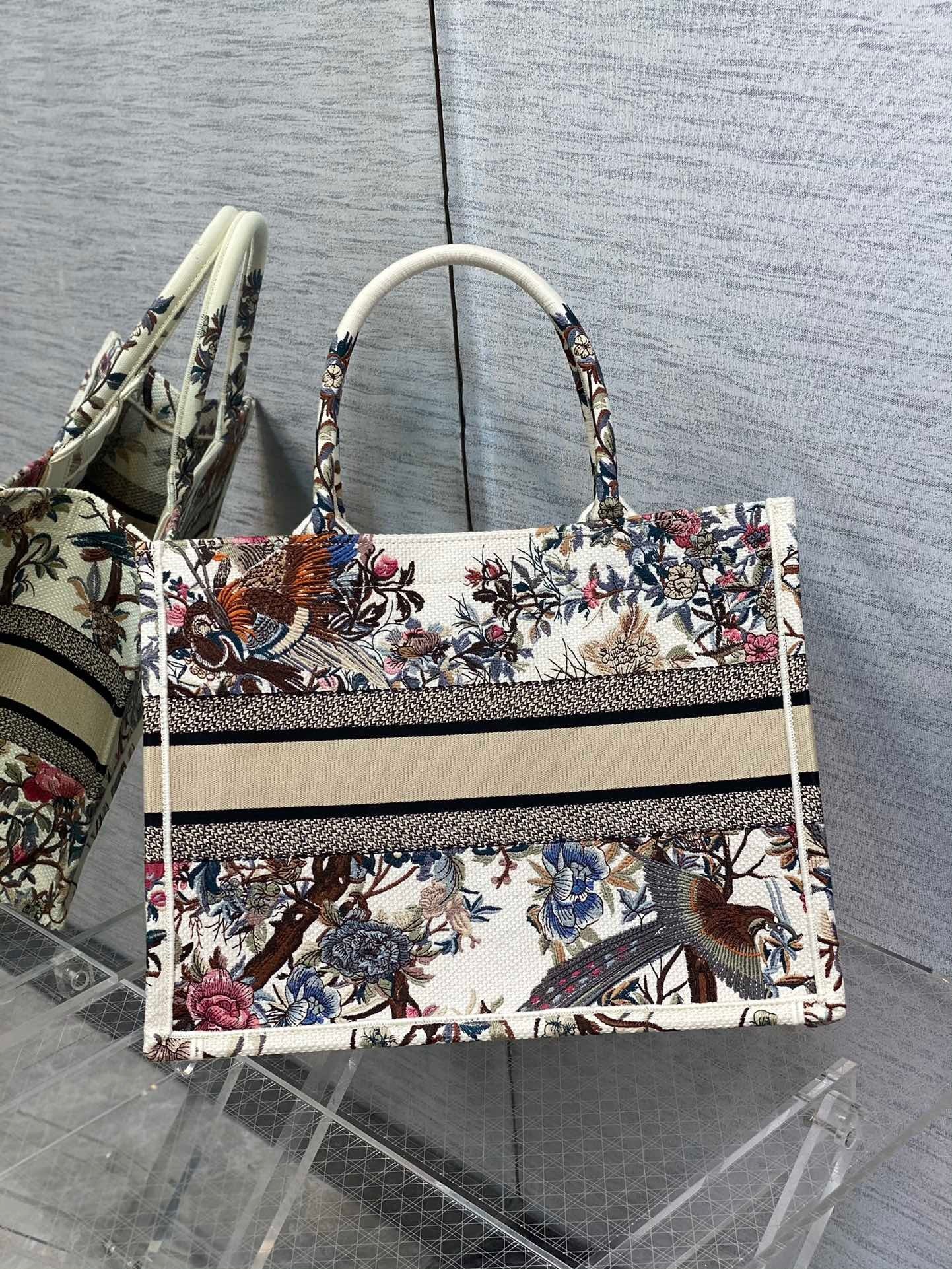 Dior Medium Book Tote Bag In White Jardin d'Hiver Embroidery 644