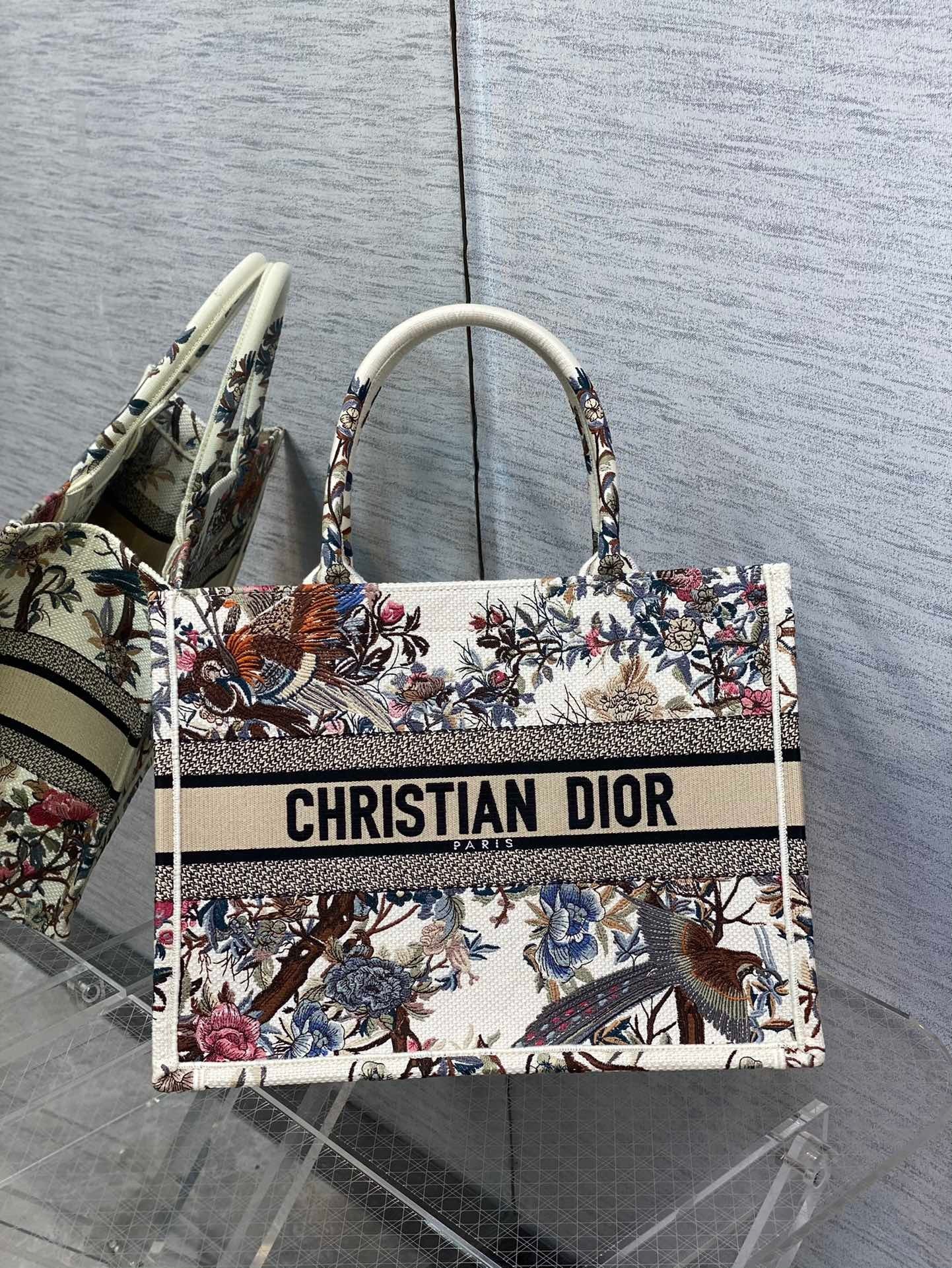 Dior Medium Book Tote Bag In White Jardin d'Hiver Embroidery 644