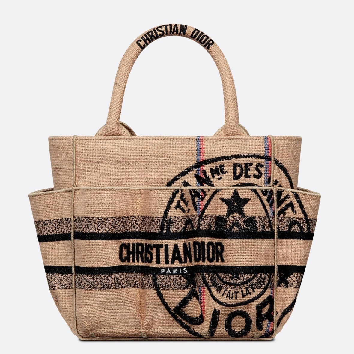 Dior Small Catherine Tote Bag In Beige Jute Canvas with Union Motif 734