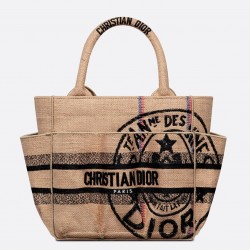 Dior Small Catherine Tote Bag In Beige Jute Canvas with Union Motif 734