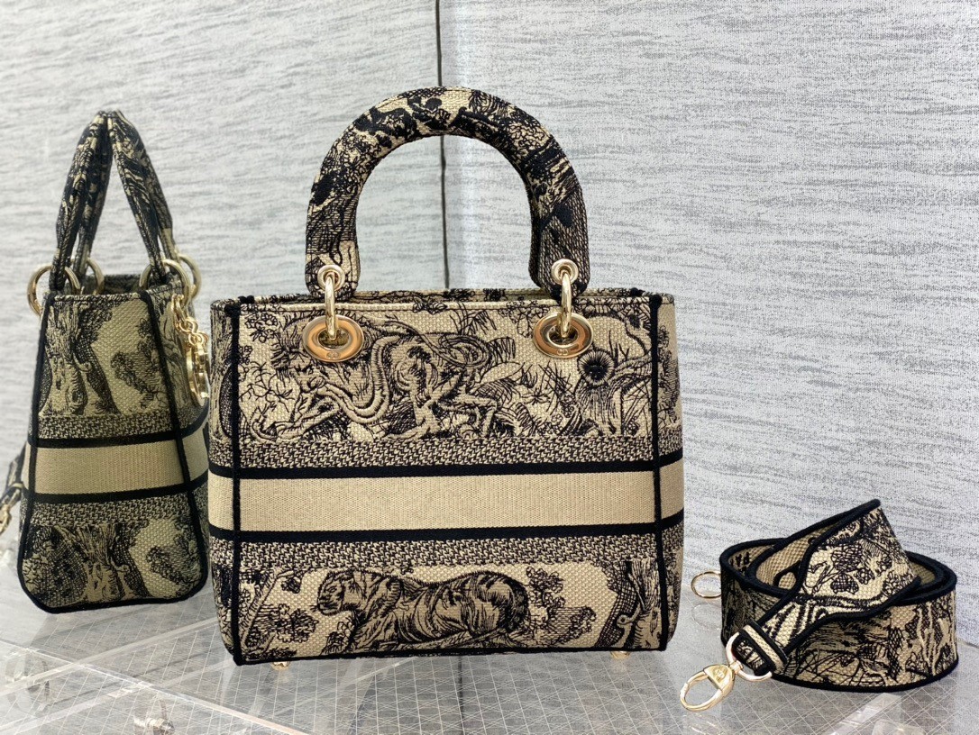 Dior Medium Lady D-Lite Bag In Brown Toile de Jouy Embroidery 826