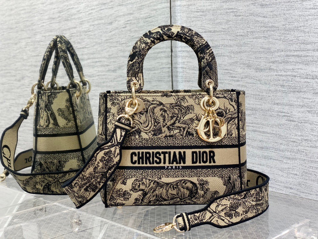 Dior Medium Lady D-Lite Bag In Brown Toile de Jouy Embroidery 826