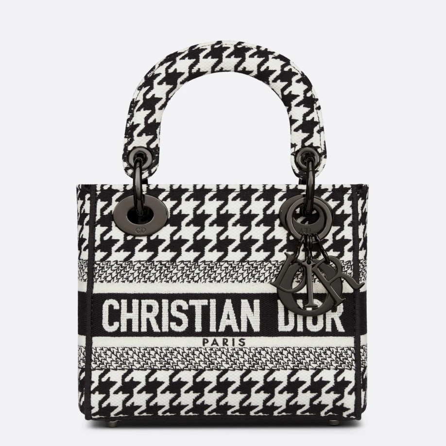 Dior Mini Lady D-Lite Bag In Black and White Houndstooth Embroidery 915