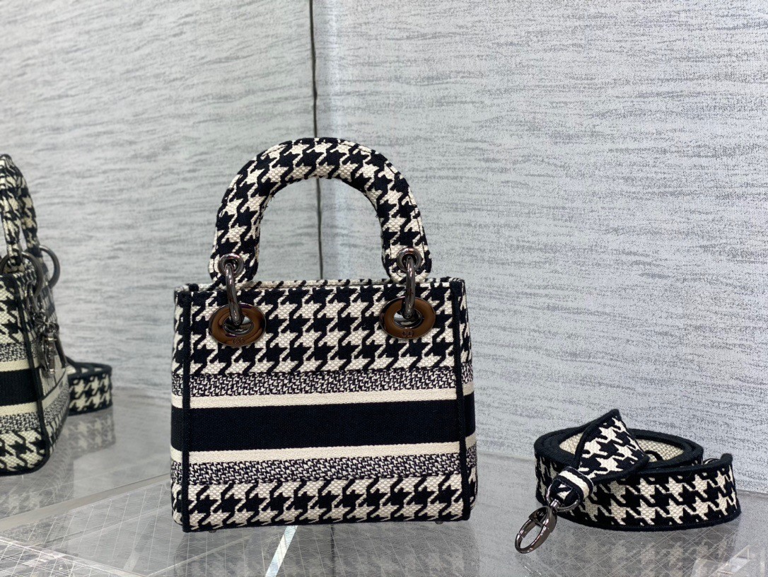 Dior Mini Lady D-Lite Bag In Black and White Houndstooth Embroidery 915