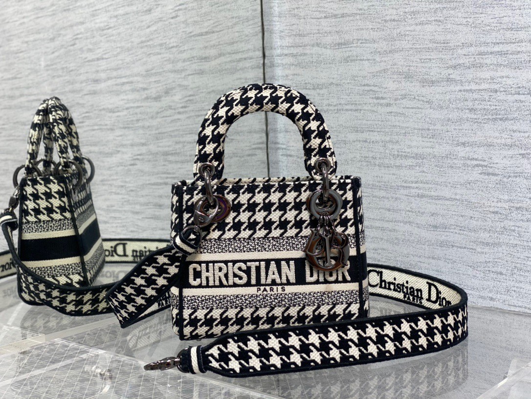 Dior Mini Lady D-Lite Bag In Black and White Houndstooth Embroidery 915