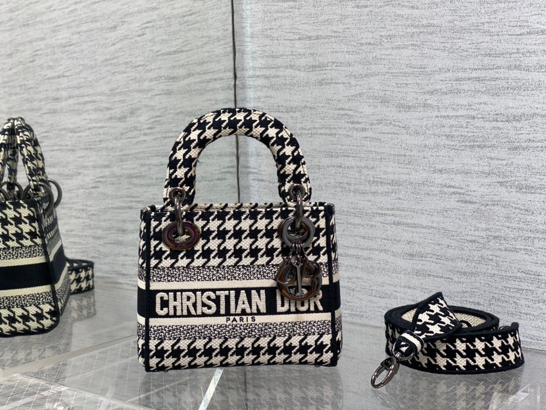 Dior Mini Lady D-Lite Bag In Black and White Houndstooth Embroidery 915