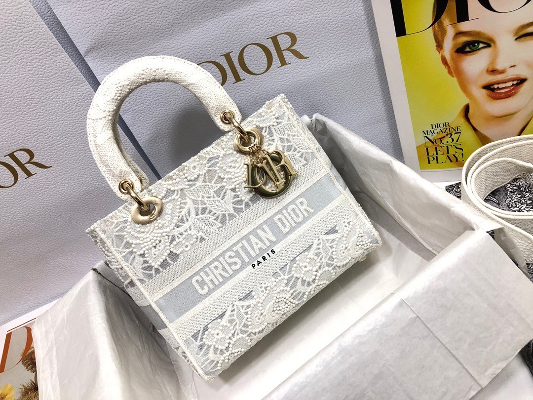 Dior Medium Lady D-Lite Bag In Natural Embroidery with Macrame Effect 014