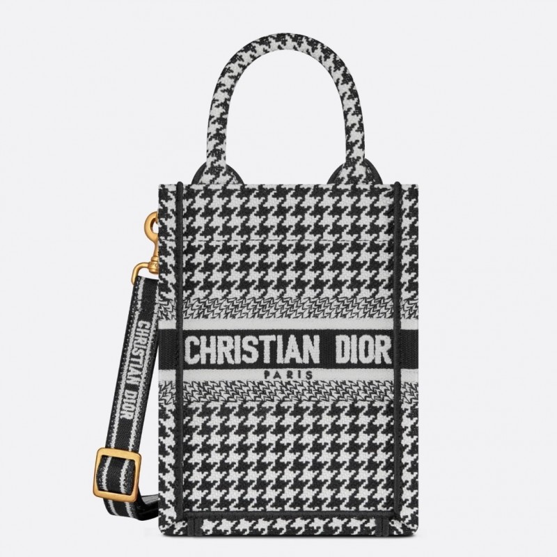 Dior Mini Book Tote Phone Bag In Micro Houndstooth Embroidery 049