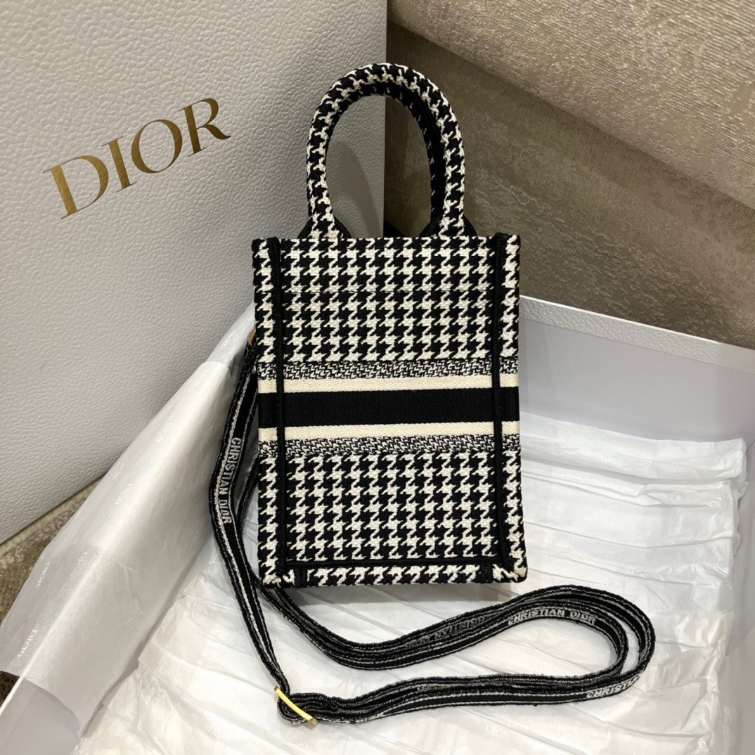 Dior Mini Book Tote Phone Bag In Micro Houndstooth Embroidery 049