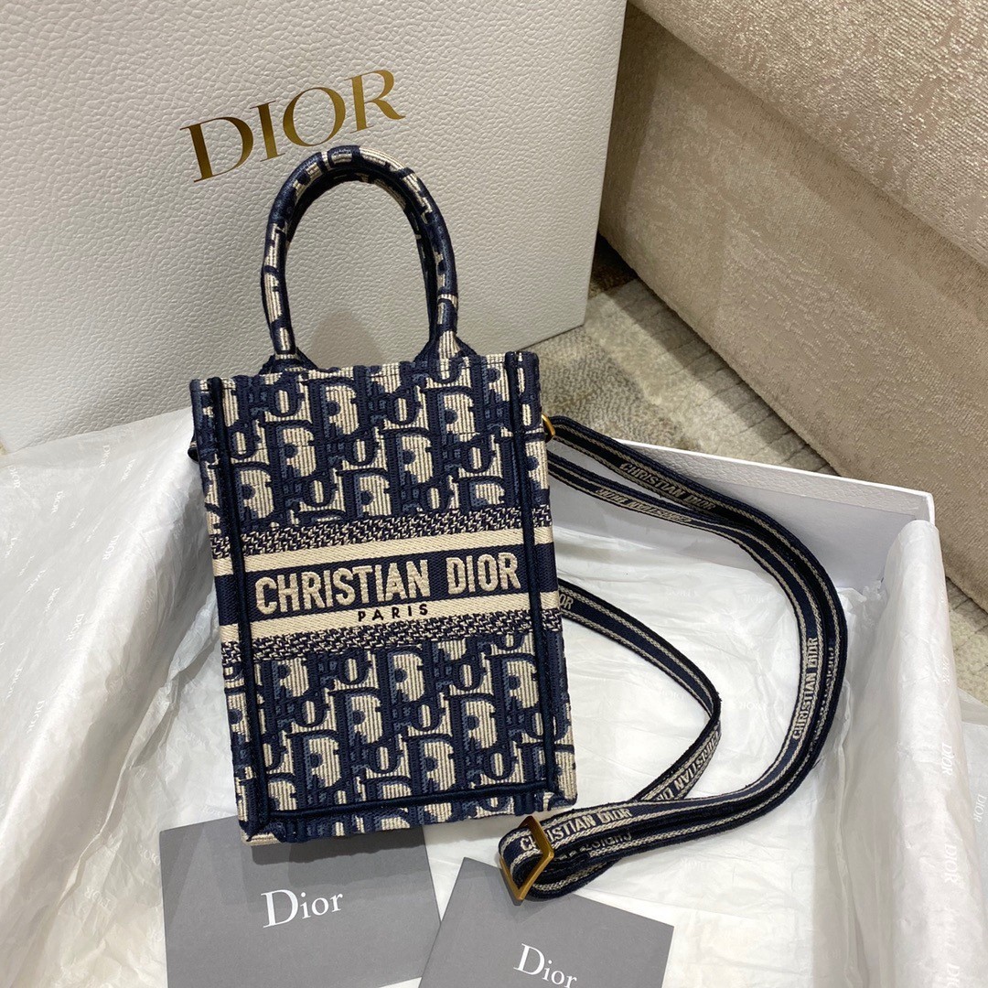 Dior Mini Book Tote Phone Bag In Blue Dior Oblique Embroidery 958