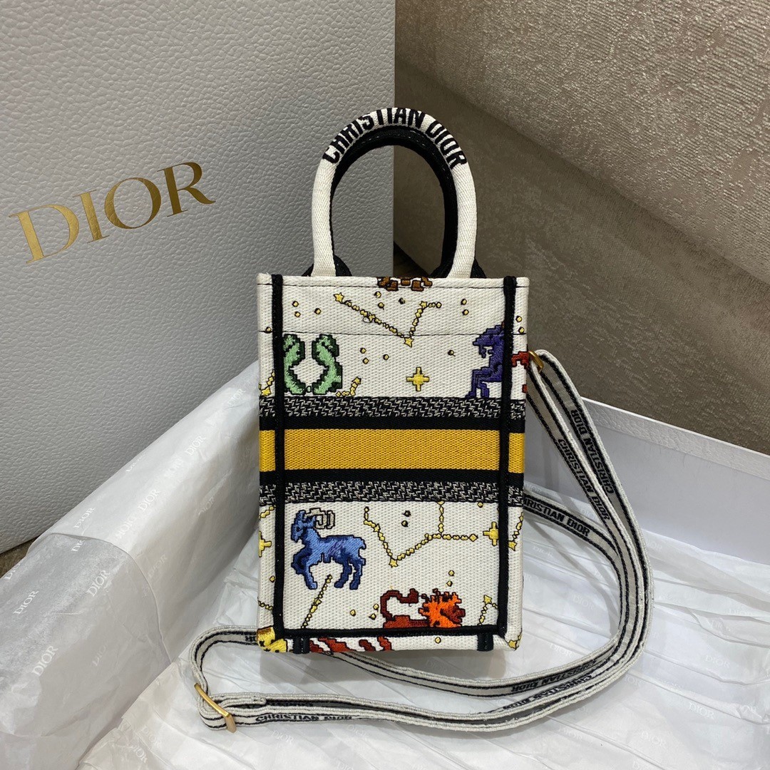 Dior Mini Book Tote Phone Bag In White Pixel Zodiac Embroidery 850