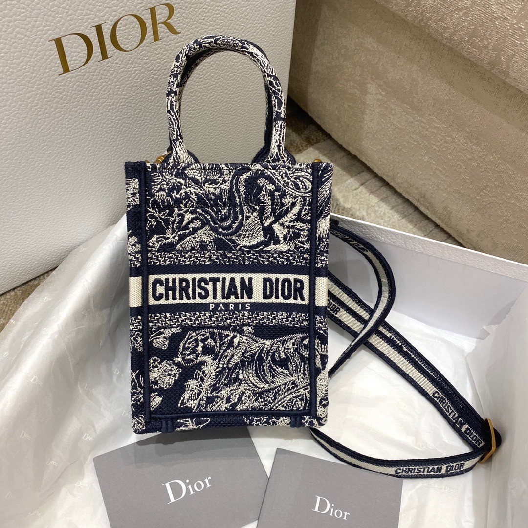 Dior Mini Book Tote Phone Bag In Blue Toile de Jouy Reverse Embroidery 910