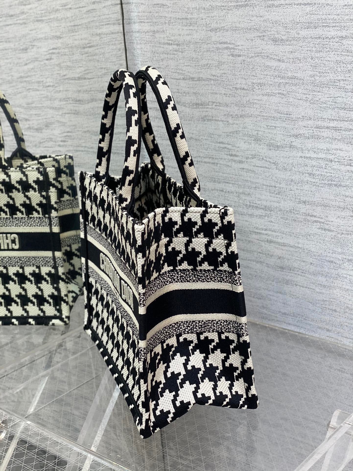 Dior Small Book Tote Bag In Micro Houndstooth Embroidery  000