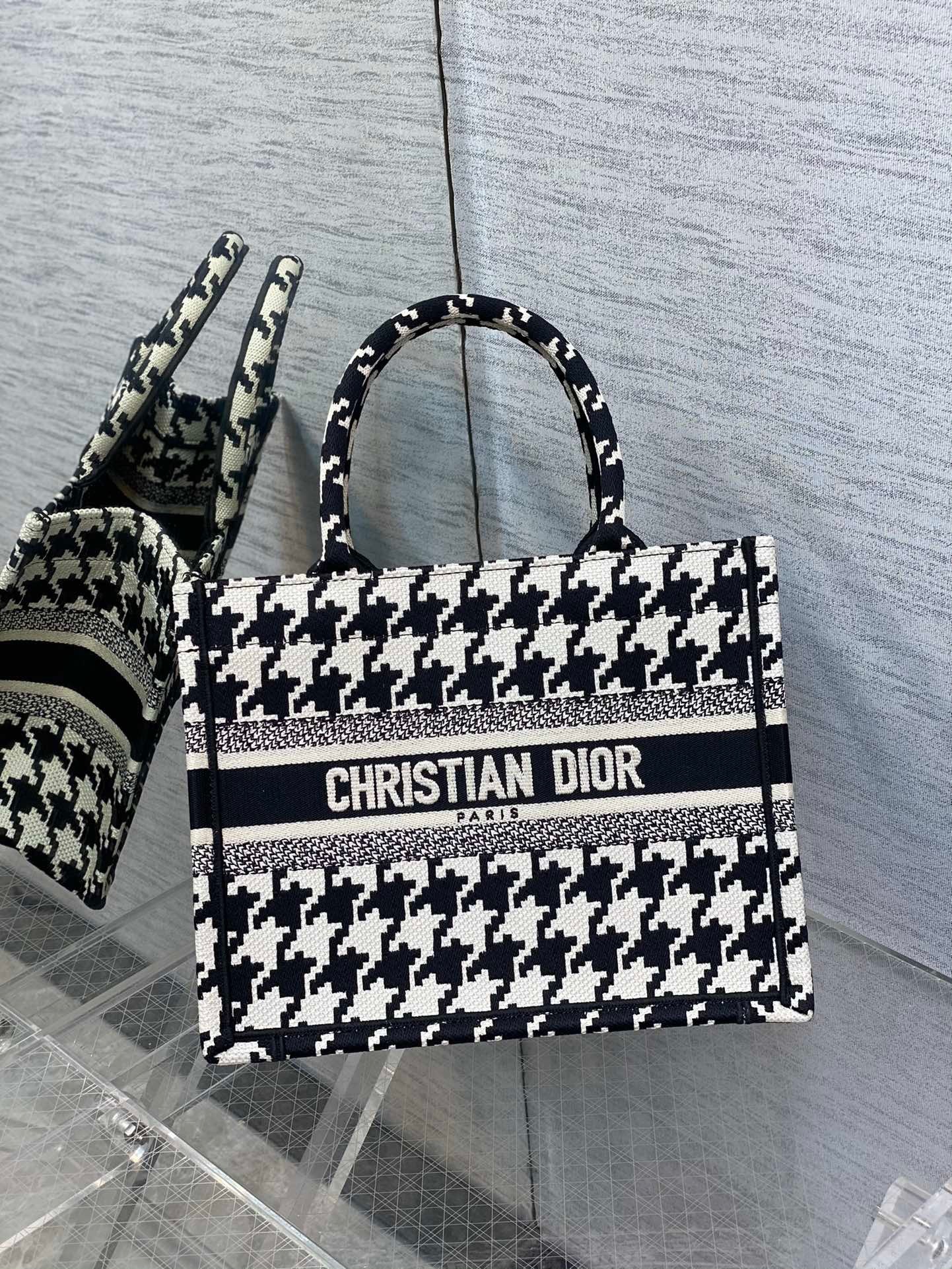 Dior Small Book Tote Bag In Micro Houndstooth Embroidery  000