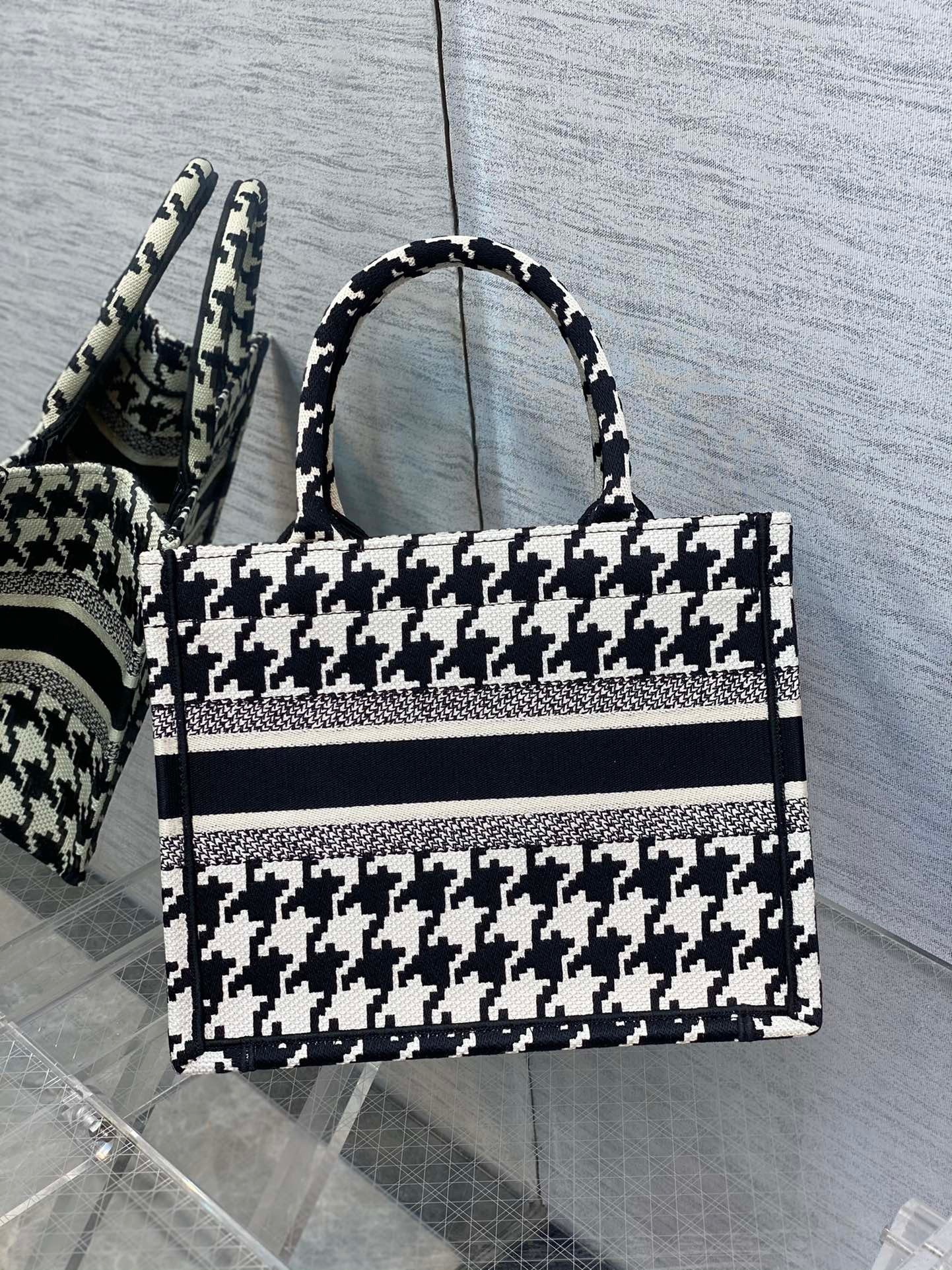 Dior Small Book Tote Bag In Micro Houndstooth Embroidery  000