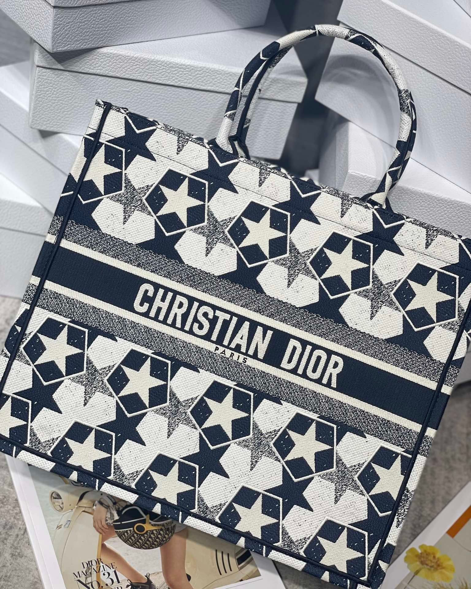 Dior Large Book Tote Bag In Blue and White Dior Etoile Embroidery 025