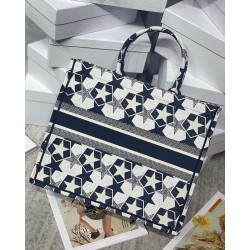 Dior Large Book Tote Bag In Blue and White Dior Etoile Embroidery 025