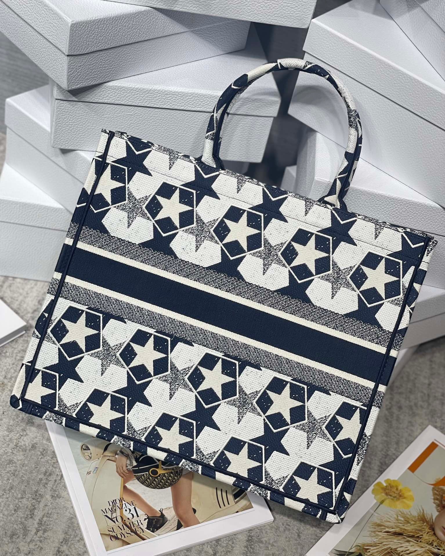 Dior Large Book Tote Bag In Blue and White Dior Etoile Embroidery 025