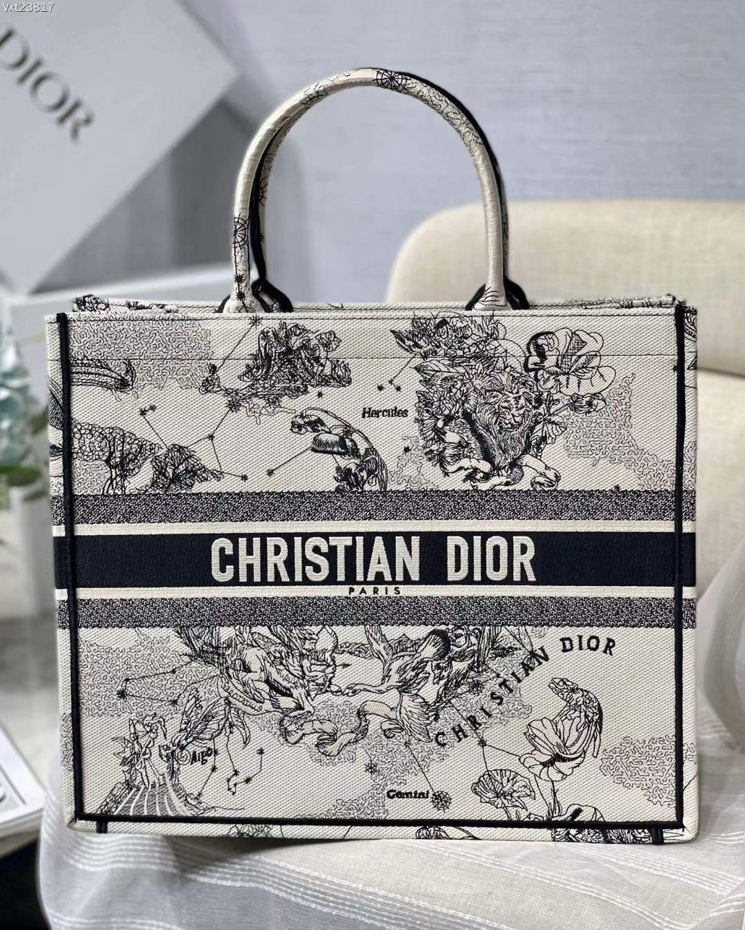 Dior Large Book Tote Bag In White Toile de Jouy Zodiac Embroidery 143