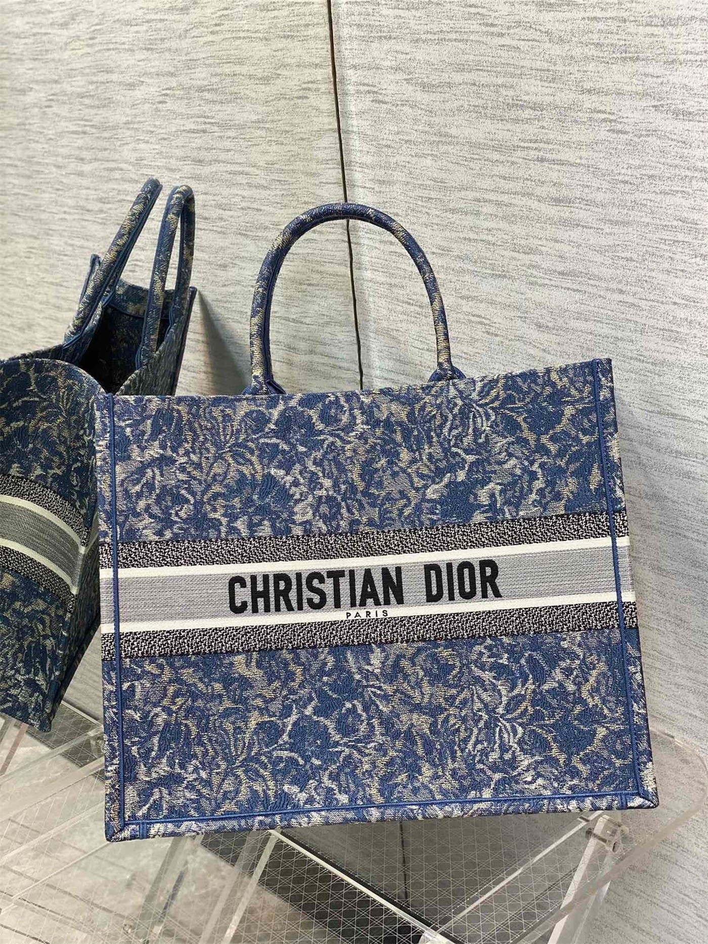 Dior Large Book Tote Bag In Blue Brocart Denim-Effect Embroidery 178